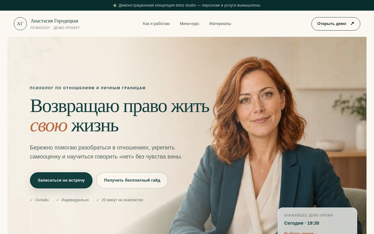 Интерфейс проекта «Анастасия Городецкая: тёплый сайт психолога с понятным маршрутом клиента.»